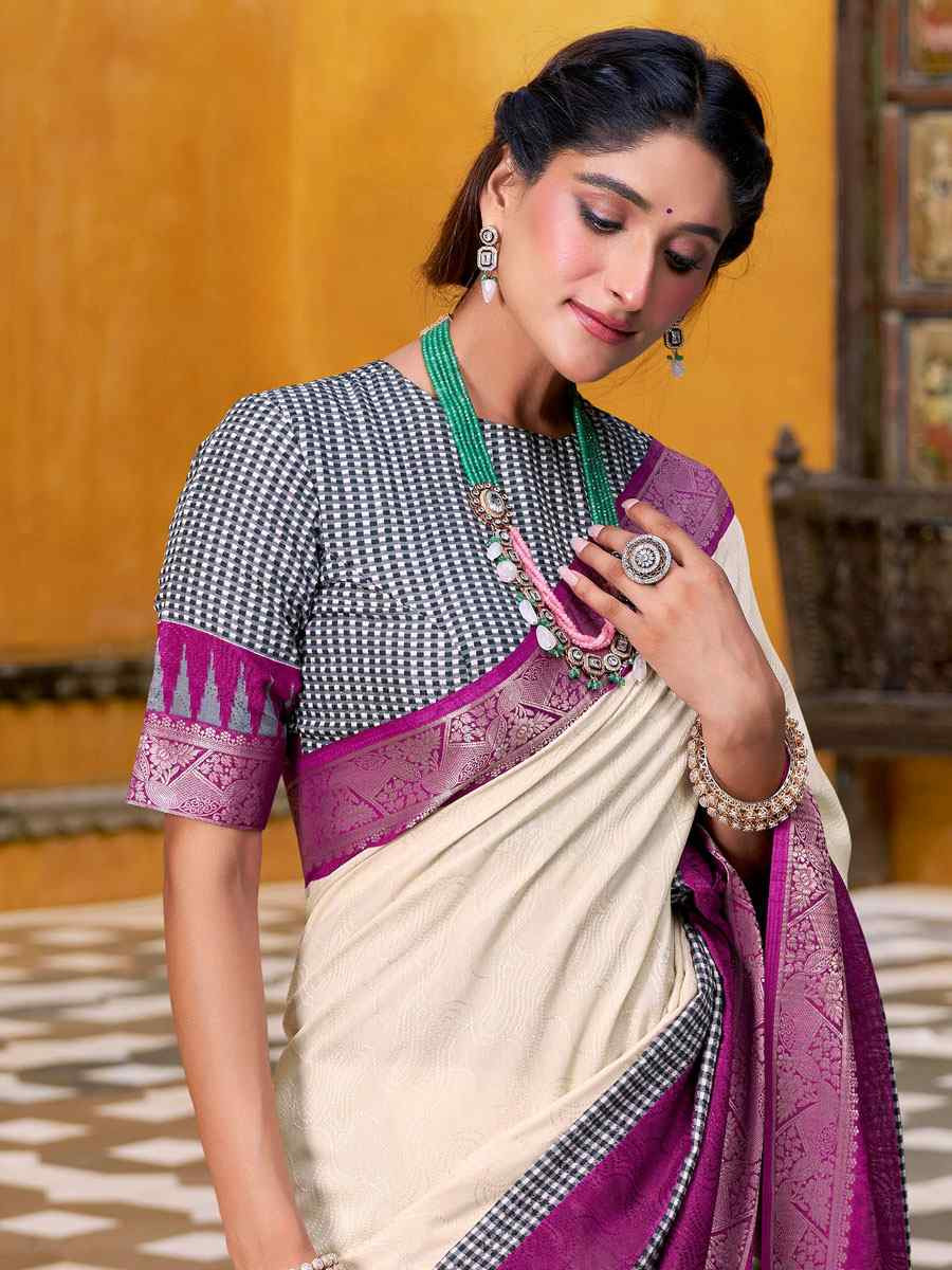 Off White Poly Cotton Handwoven Casual Festival Party Classic Style Sarees