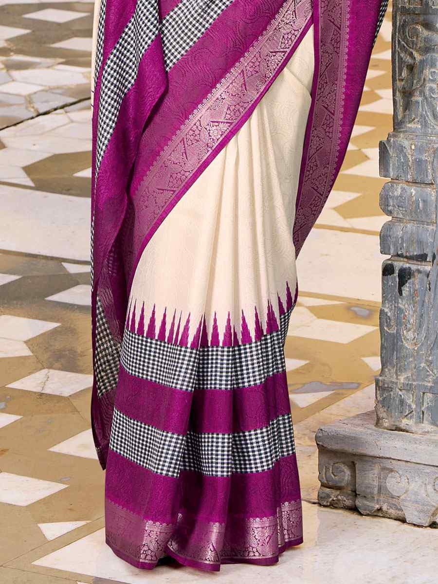 Off White Poly Cotton Handwoven Casual Festival Party Classic Style Sarees