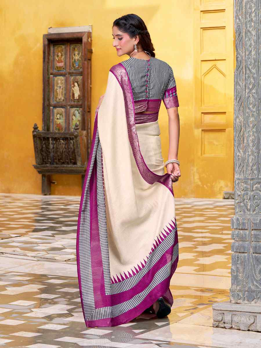 Off White Poly Cotton Handwoven Casual Festival Party Classic Style Sarees