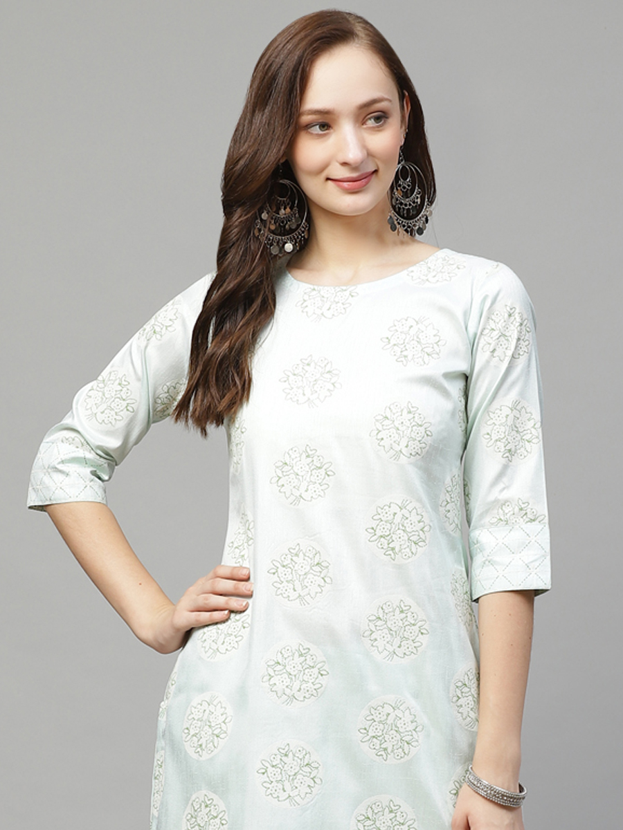 Off White Poly Silk Printed Festival Casual Kurti