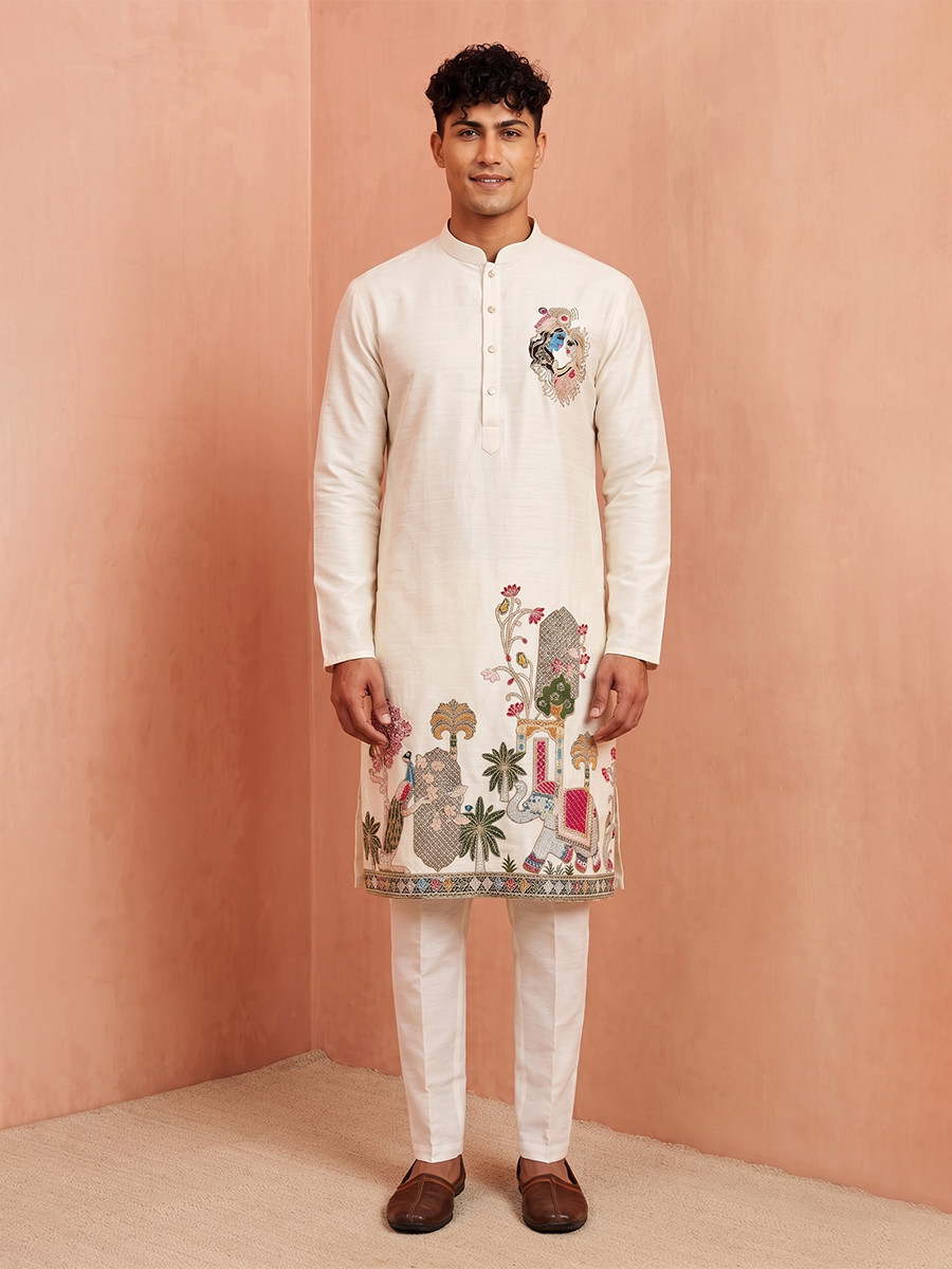 Off White Polystar  Satin Mix Silk Embroidery Beads Wedding Party Festival Casual Mens Wear Kurta