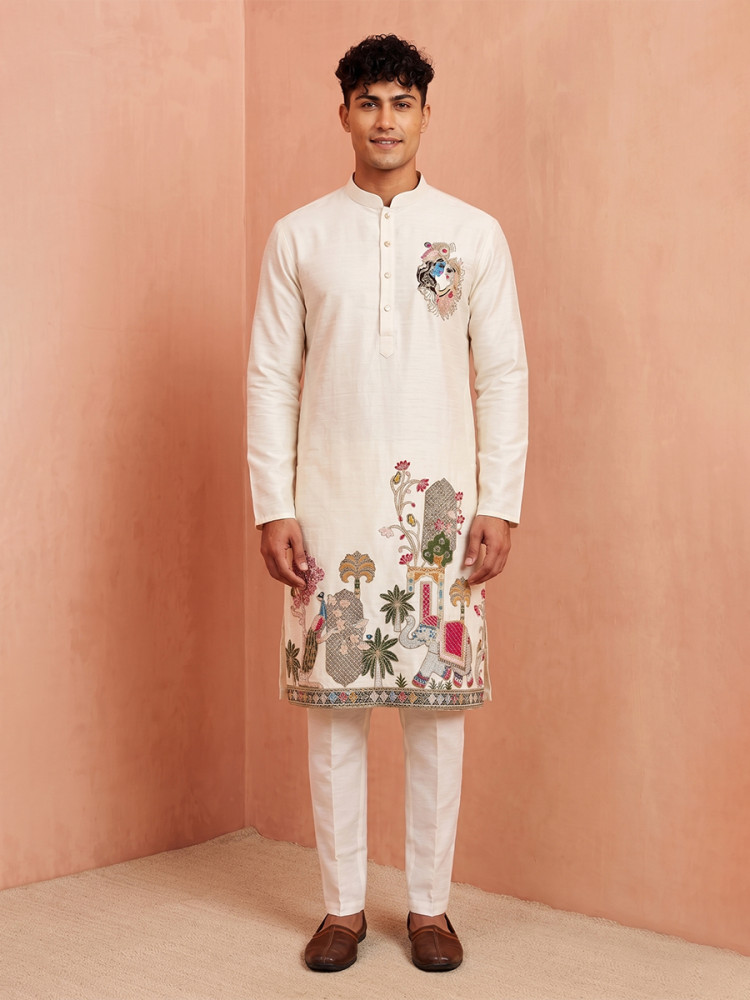 Image of Off White Polystar &amp; Satin Mix. Silk Embroidery Beads Wedding Party Festival Casual Mens Wear Kurta