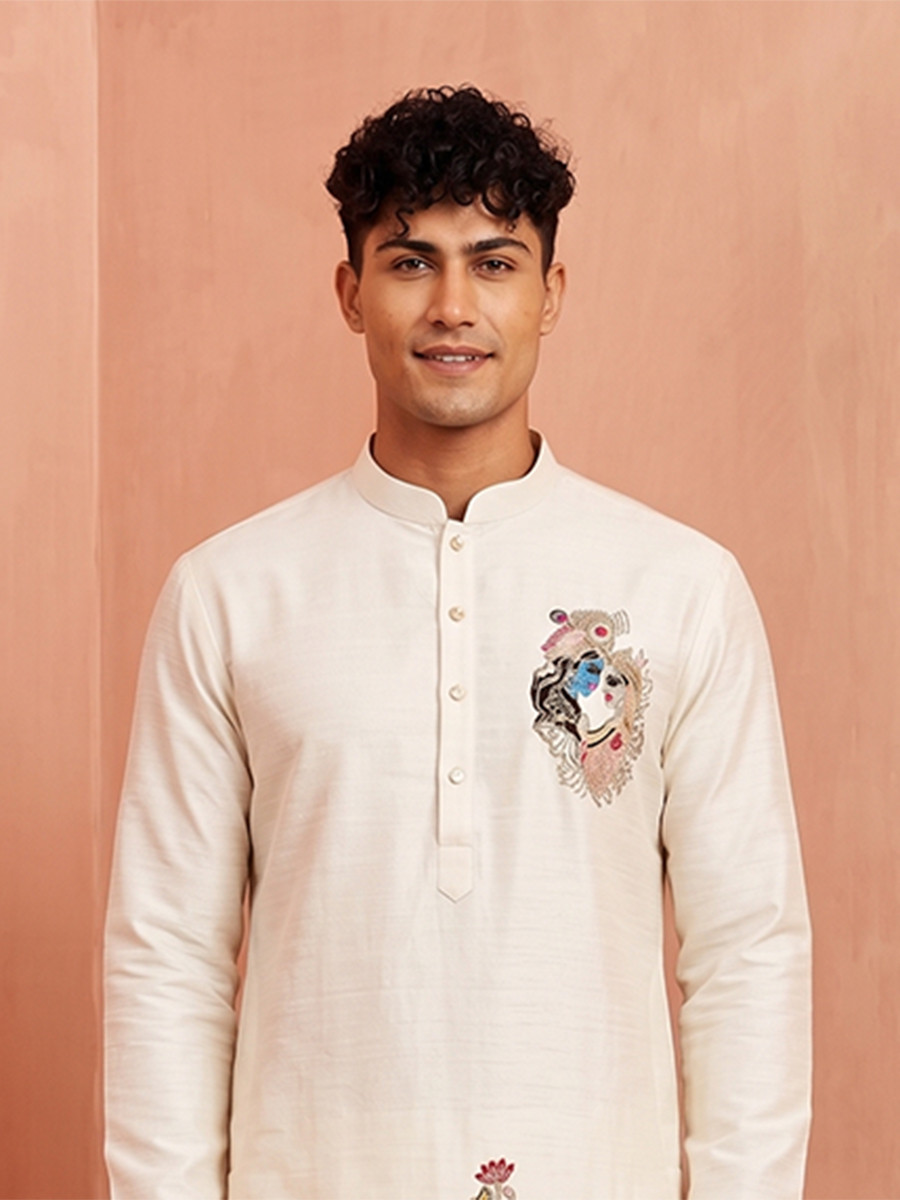 Off White Polystar  Satin Mix Silk Embroidery Beads Wedding Party Festival Casual Mens Wear Kurta