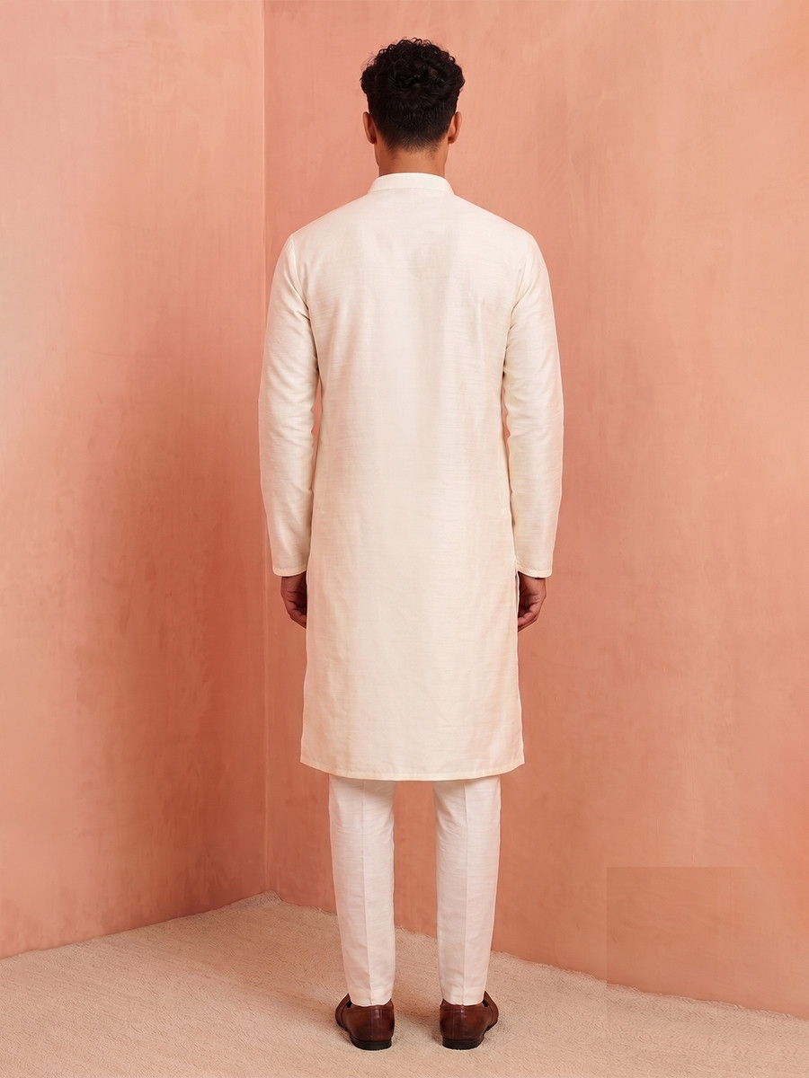 Off White Polystar  Satin Mix Silk Embroidery Beads Wedding Party Festival Casual Mens Wear Kurta