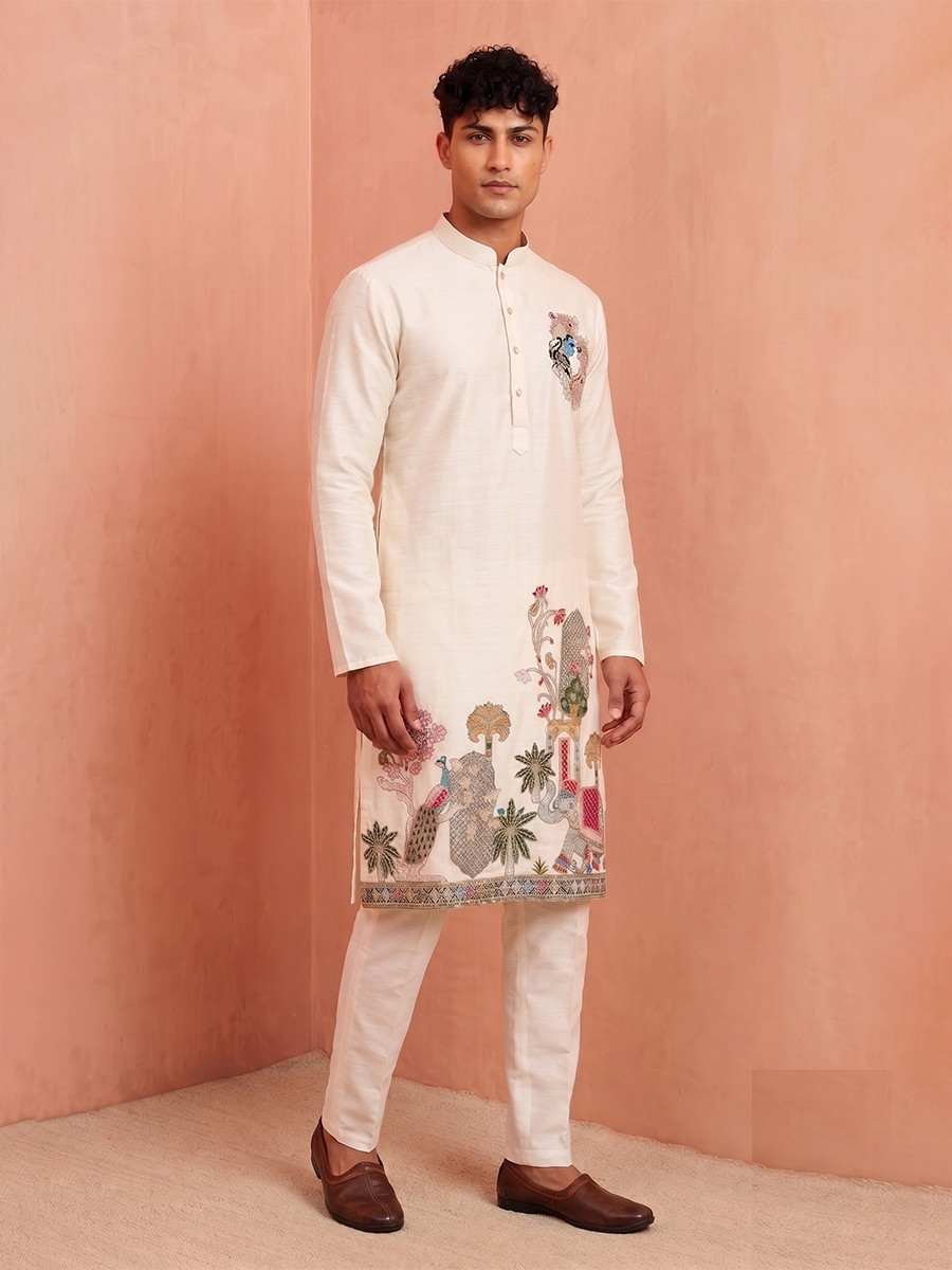 Off White Polystar Satin Mix Silk Embroidery Beads Wedding Party Festival Casual Mens Wear Kurta