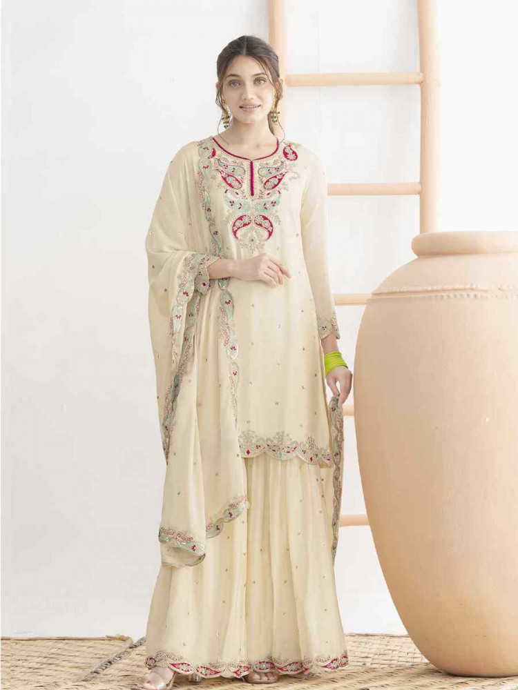 Image of Off-White Premium Chinon Embroidery Party Wedding Festival Casual Ready Sharara Pant Salwar Kameez