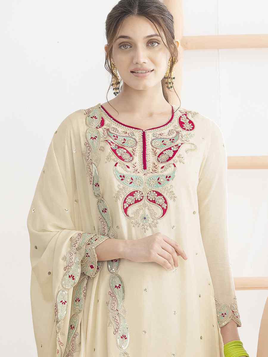 Off-White Premium Chinon Embroidery Party Wedding Festival Casual Ready Sharara Pant Salwar Kameez