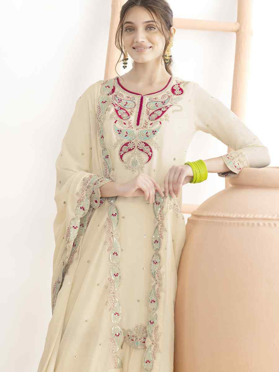 Off-White Premium Chinon Embroidery Party Wedding Festival Casual Ready Sharara Pant Salwar Kameez
