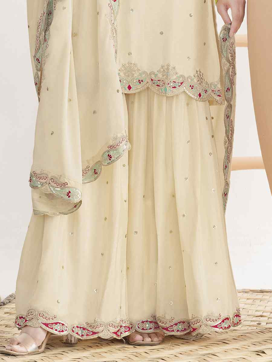 Off-White Premium Chinon Embroidery Party Wedding Festival Casual Ready Sharara Pant Salwar Kameez