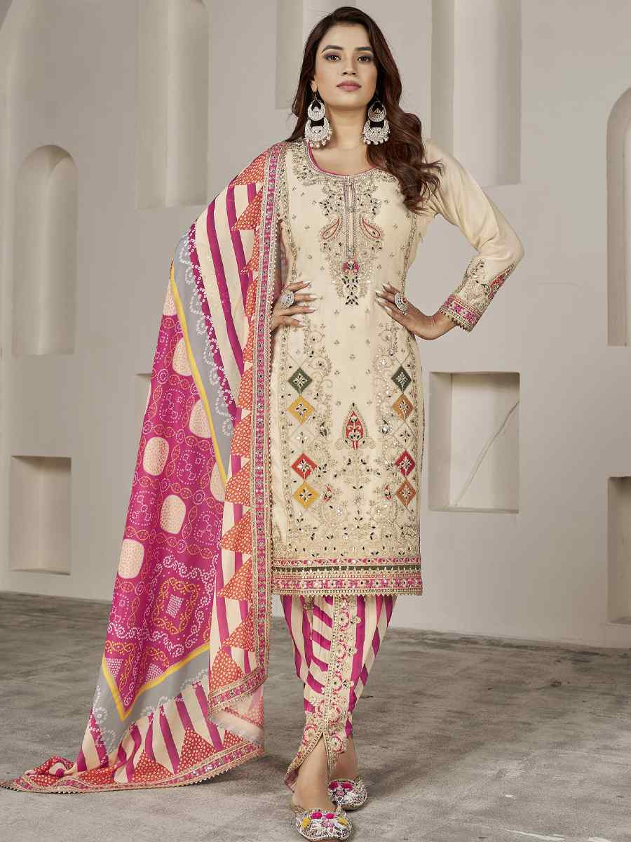 Off-White Premium Fiber Chinnon Embroidery Party Wedding Festival Casual Ready Cape Style Salwar Kameez