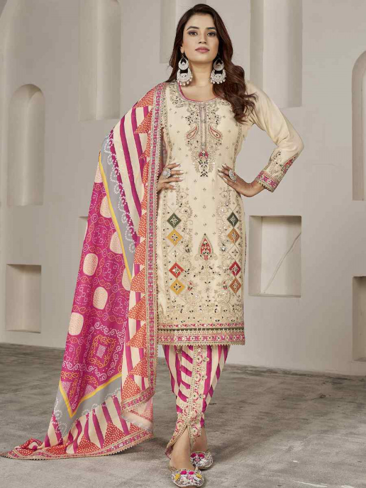 Image of Off-White Premium Fiber Chinnon Embroidery Party Wedding Festival Casual Ready Cape Style Salwar Kameez