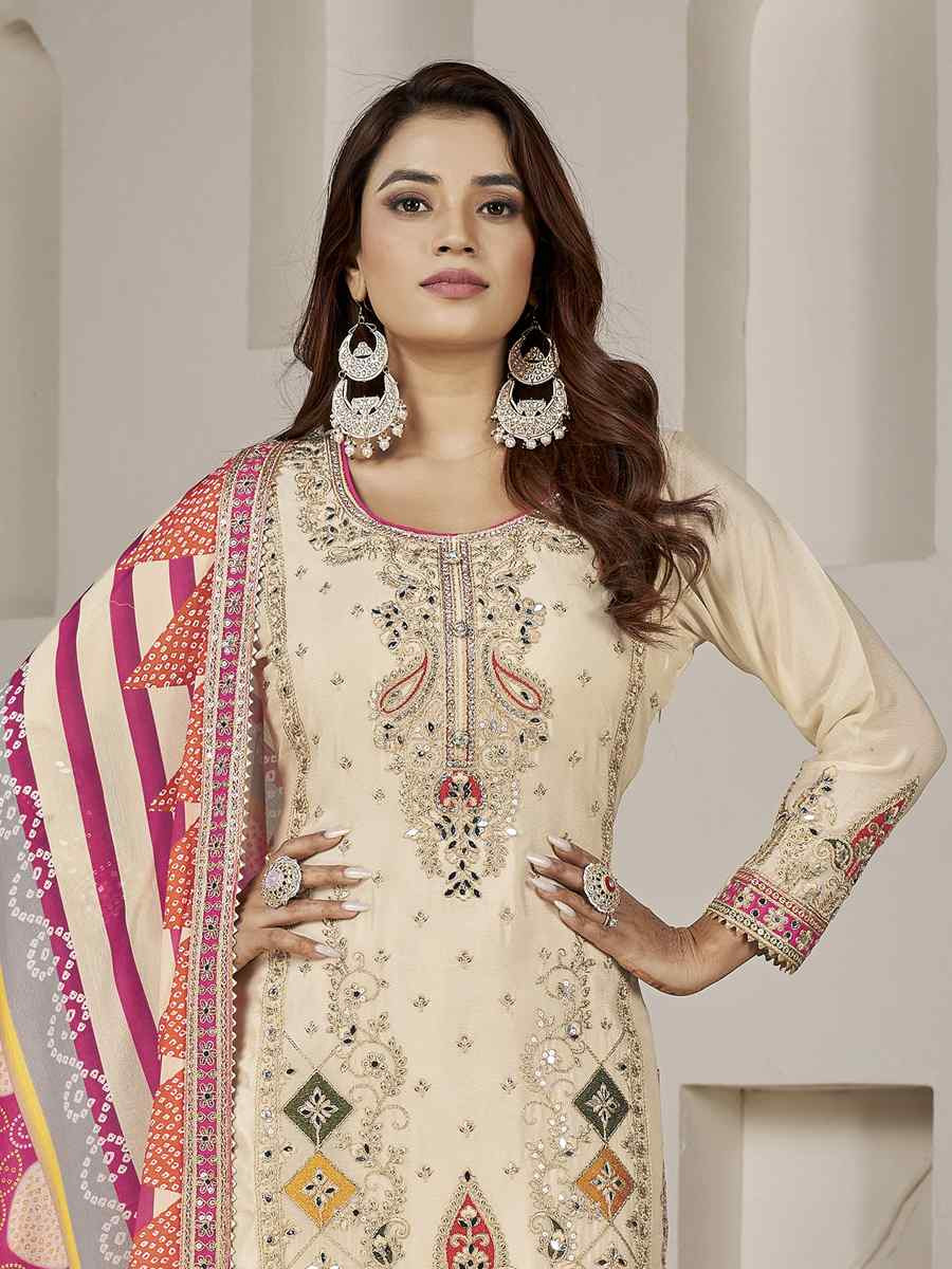 Off-White Premium Fiber Chinnon Embroidery Party Wedding Festival Casual Ready Cape Style Salwar Kameez
