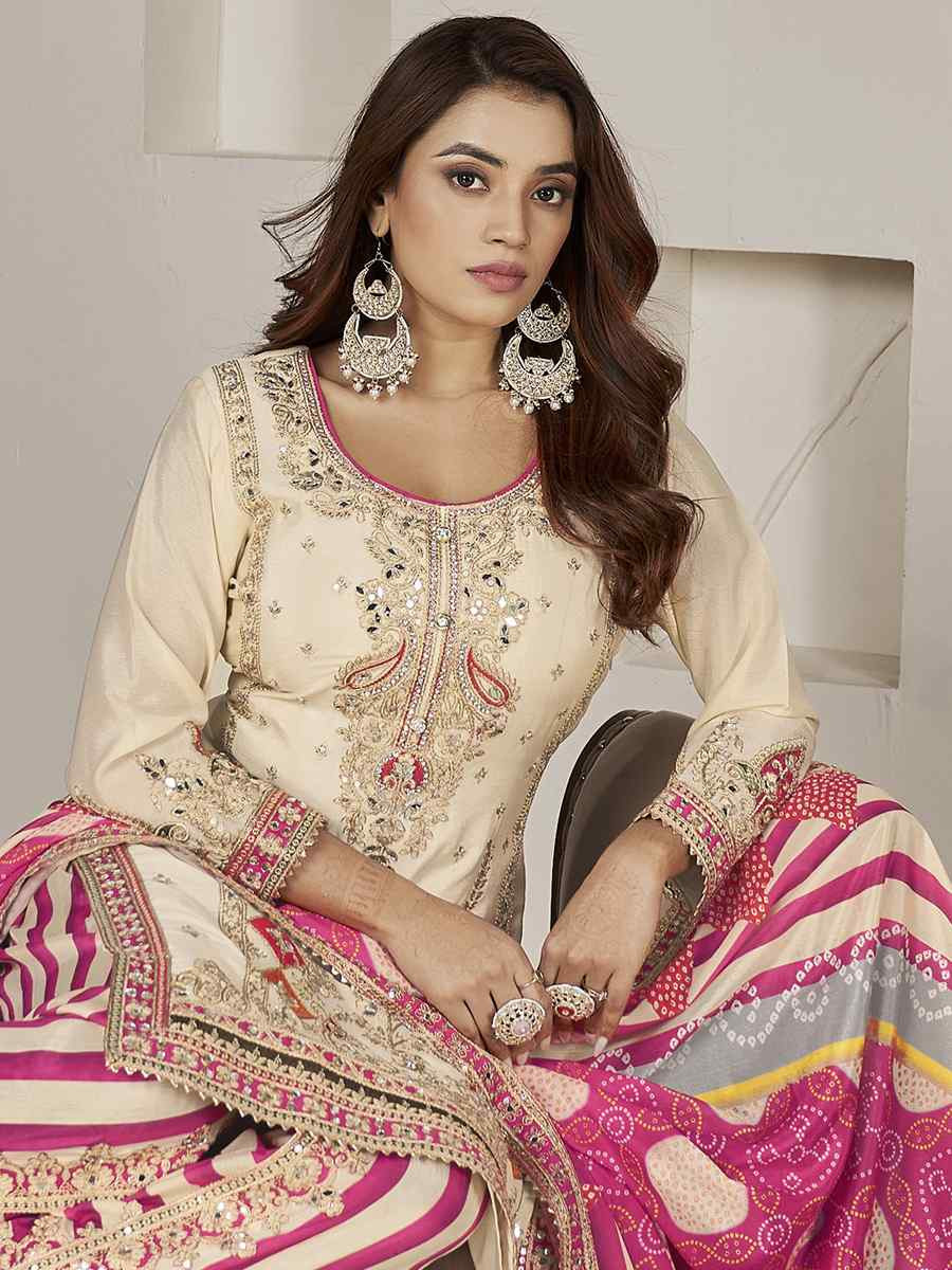 Off-White Premium Fiber Chinnon Embroidery Party Wedding Festival Casual Ready Cape Style Salwar Kameez