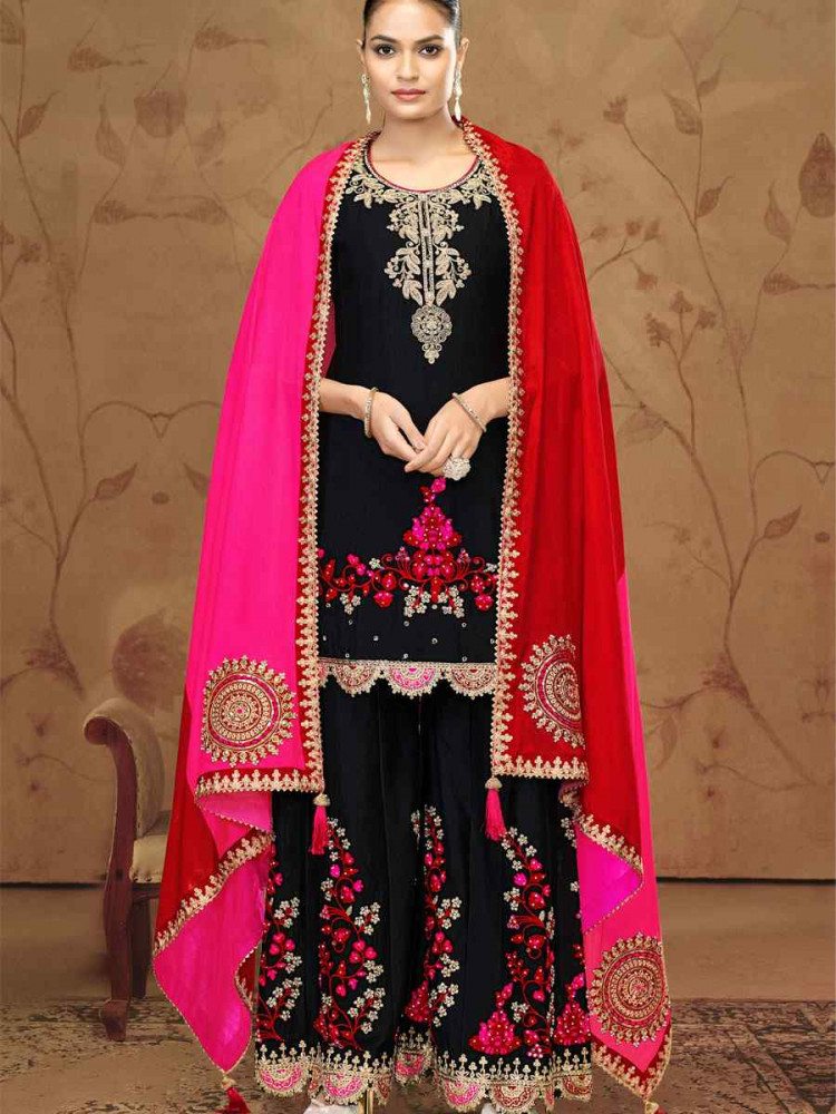 Image of Off-White Premium Fiber Chinnon Embroidery Party Wedding Festival Casual Ready Palazzo Pant Salwar Kameez