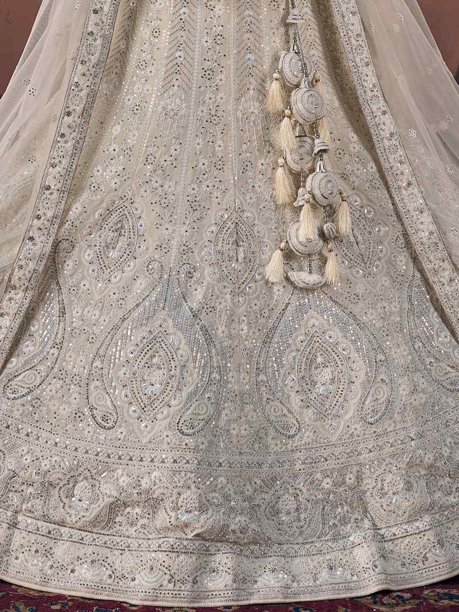 Off White Premium Georgette Embroidered Bridal Wedding Heavy Border Lehenga Choli