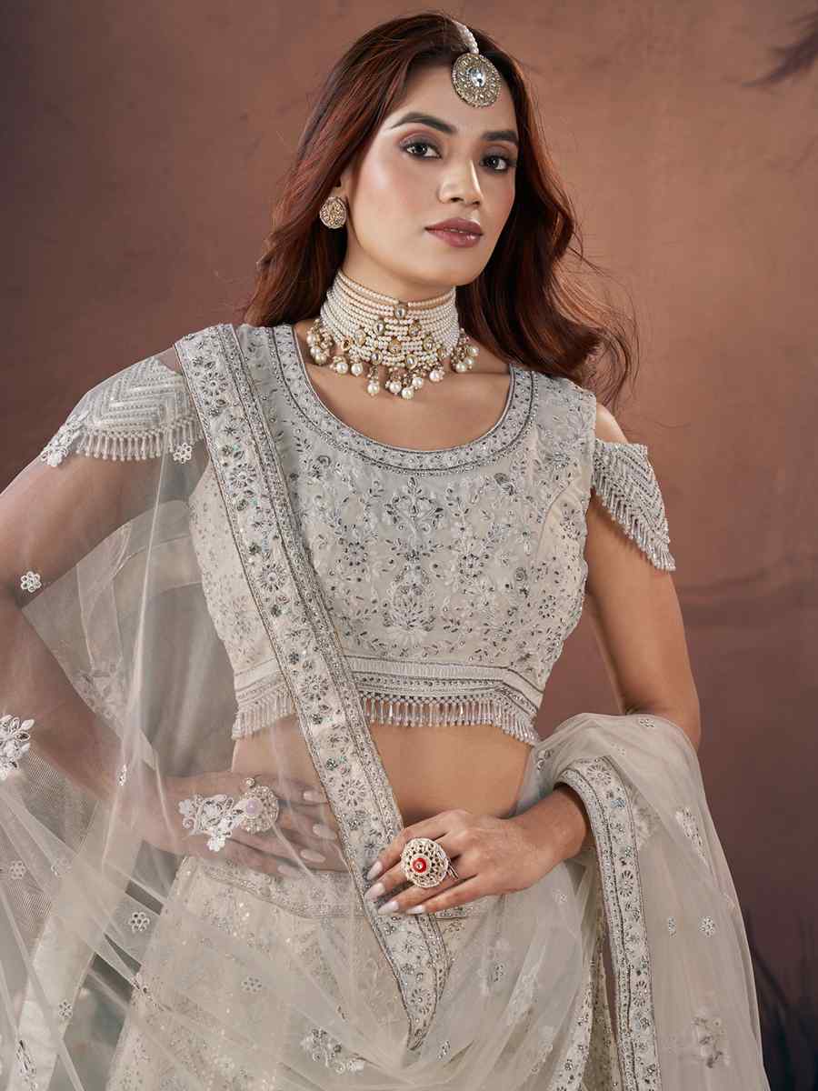 Off White Premium Georgette Embroidered Bridal Wedding Heavy Border Lehenga Choli