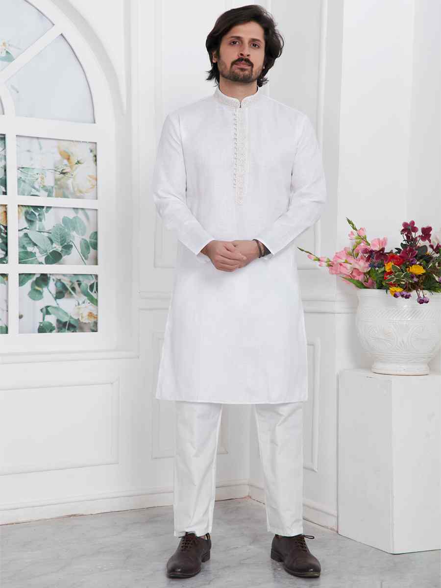 Off White Premium Linen Cotton Printed Festival Casual Kurta