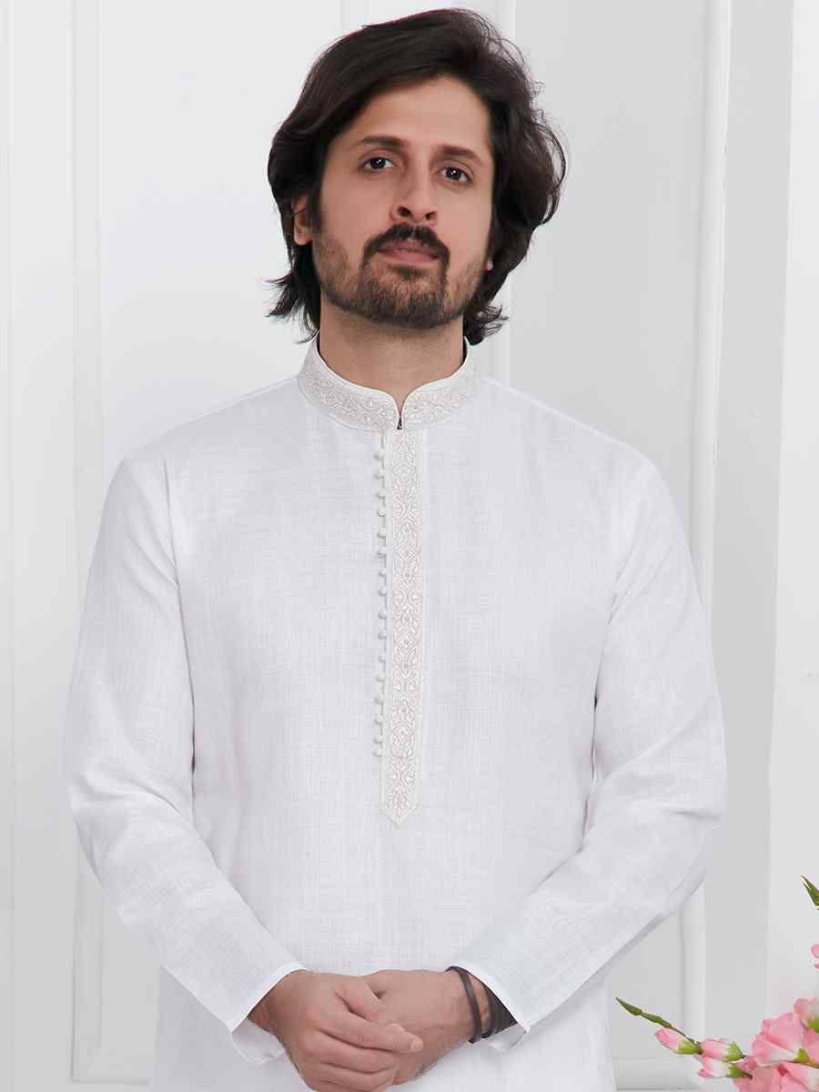 Off White Premium Linen Cotton Printed Festival Casual Kurta