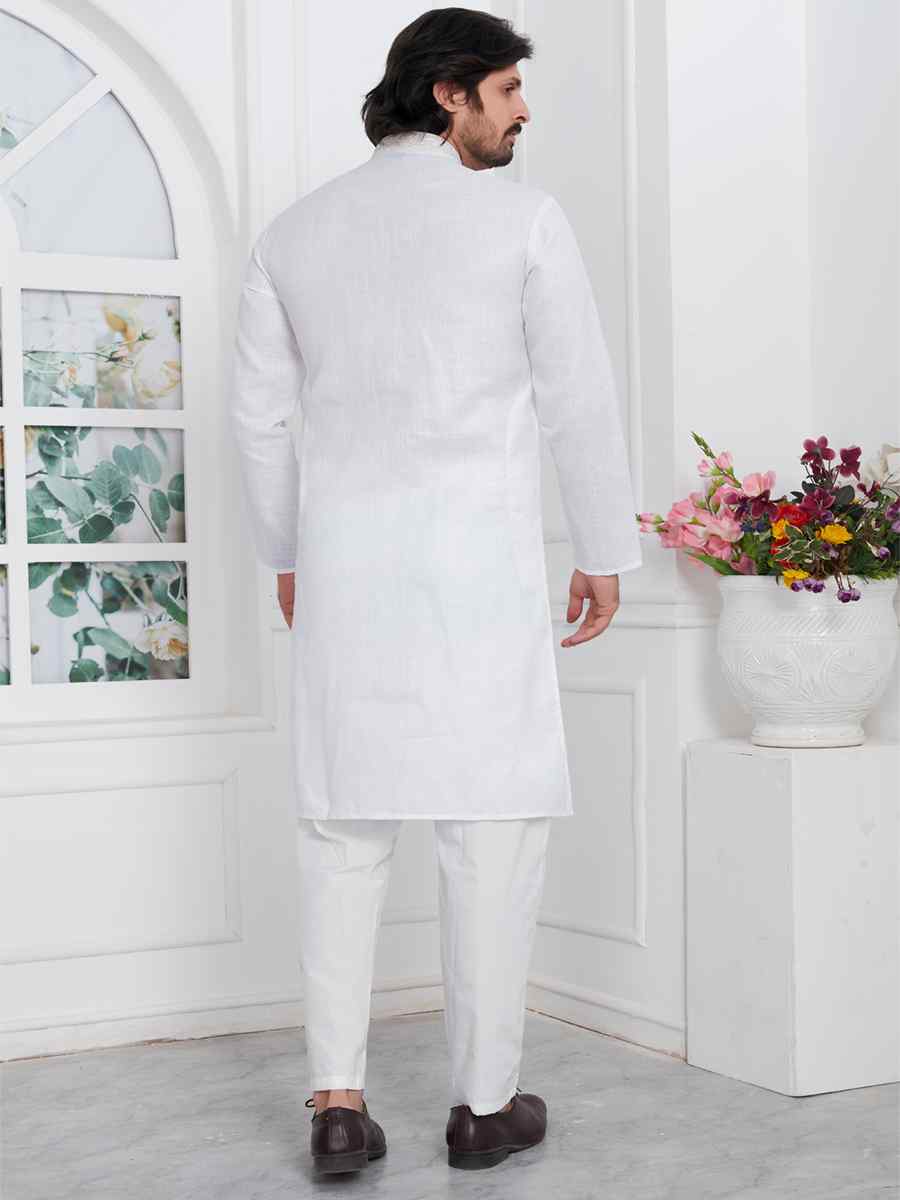 Off White Premium Linen Cotton Printed Festival Casual Kurta
