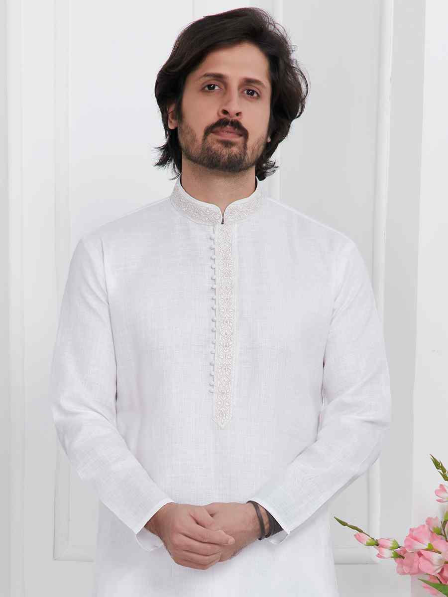 Off White Premium Linen Cotton Printed Festival Casual Kurta