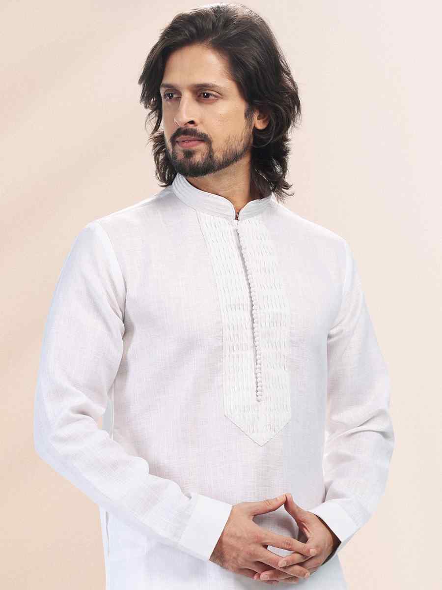 Off White Premium Linen Cotton Woven Festival Party Kurta