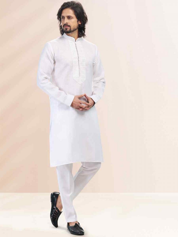 Off White Premium Linen Cotton Woven Festival Party Kurta