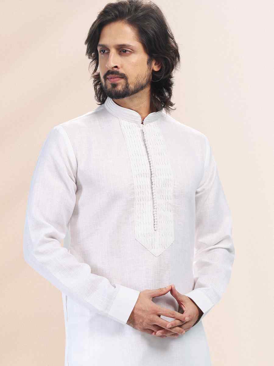 Off White Premium Linen Cotton Woven Festival Party Kurta