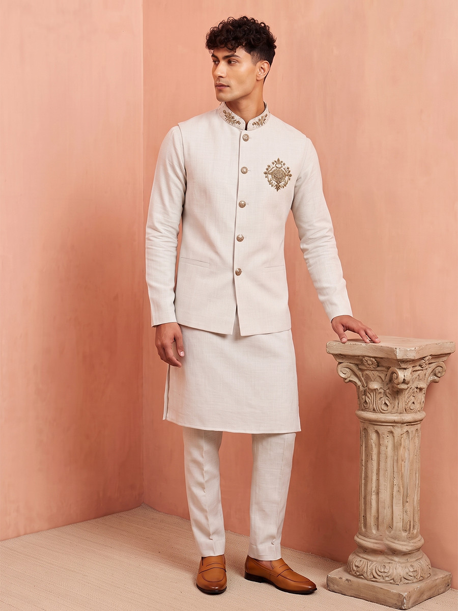 Off White Premium Linen Embroidery Festival Wedding Party Mens Kurta with Jacket