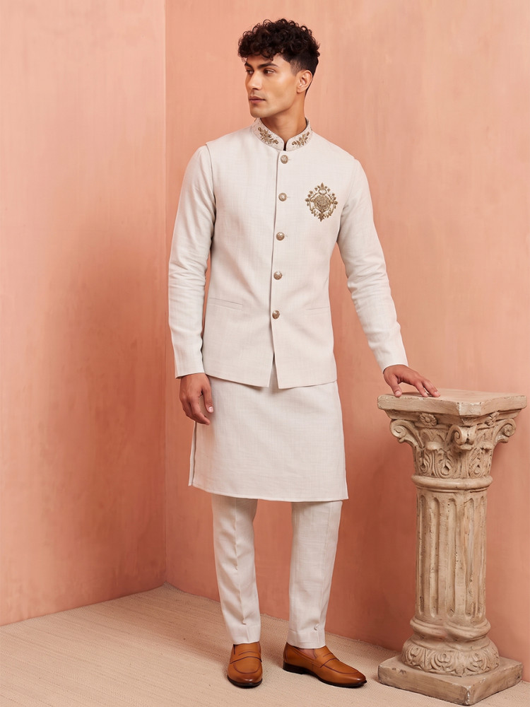 Image of Off White Premium Linen Embroidery Festival Wedding Party Mens Kurta with Jacket