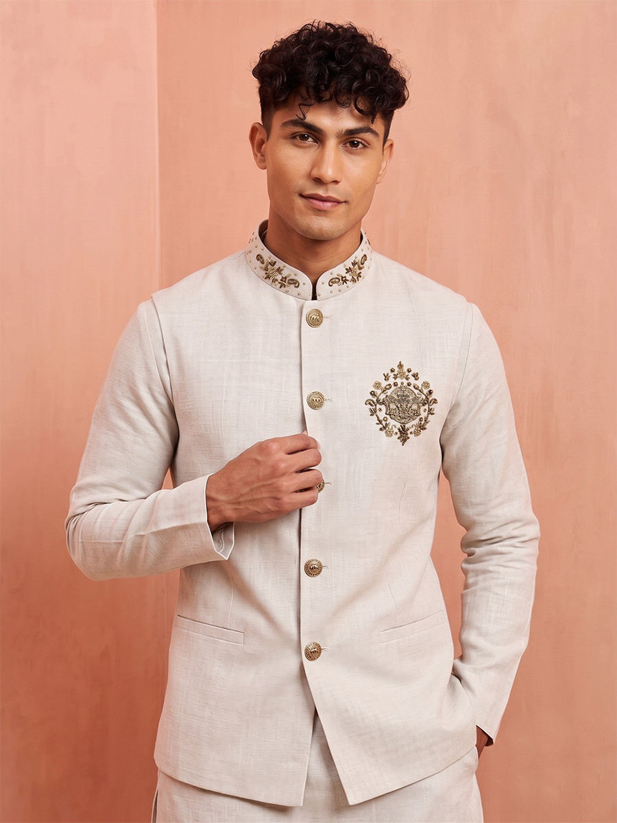 Off White Premium Linen Embroidery Festival Wedding Party Mens Kurta with Jacket