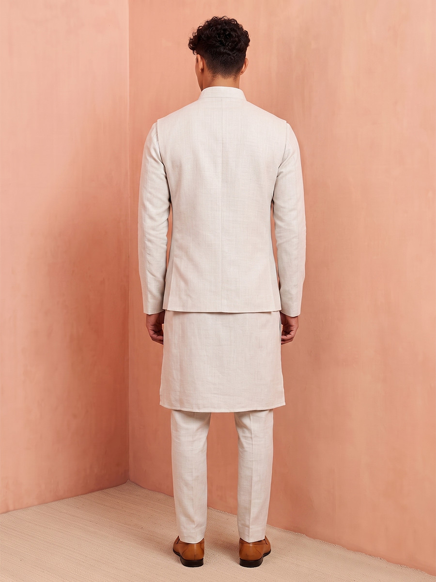 Off White Premium Linen Embroidery Festival Wedding Party Mens Kurta with Jacket
