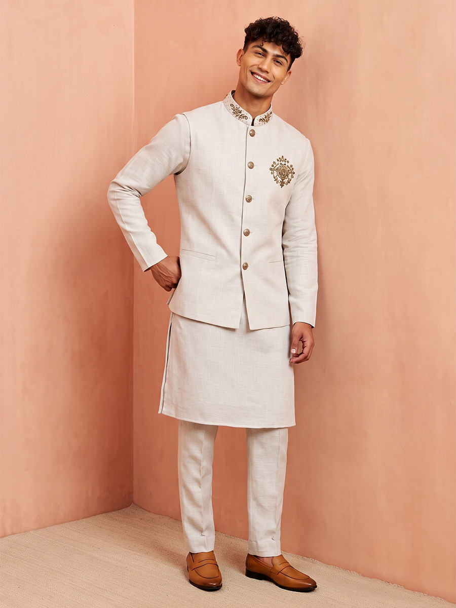 Off White Premium Linen Embroidery Festival Wedding Party Mens Kurta with Jacket