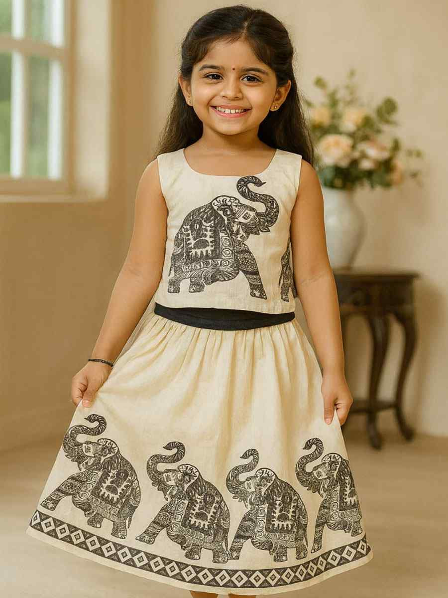 Off White Premium Linen Printed Kids Wear Wedding Festival Lehengas Girls Wear