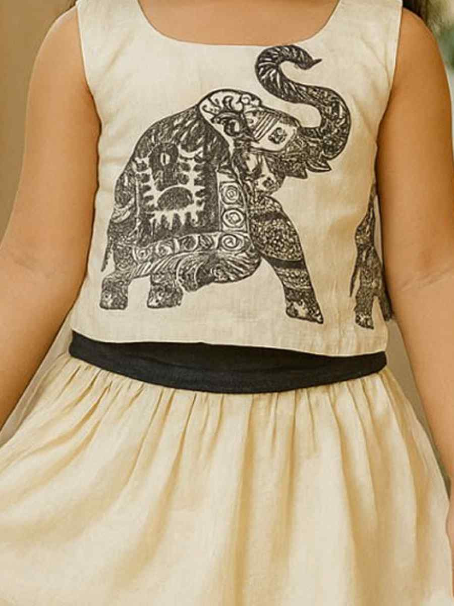 Off White Premium Linen Printed Kids Wear Wedding Festival Lehengas Girls Wear