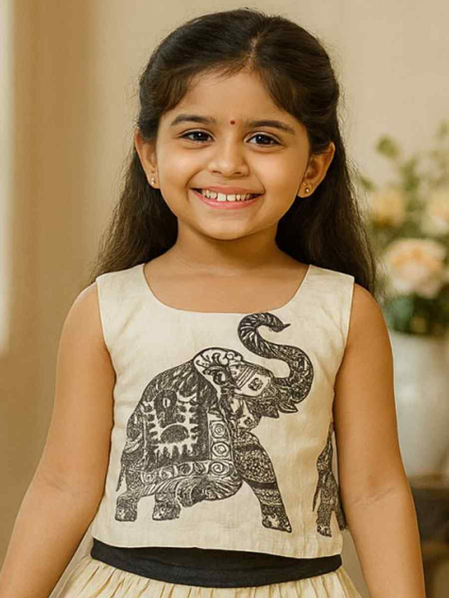 Off White Premium Linen Printed Kids Wear Wedding Festival Lehengas Girls Wear