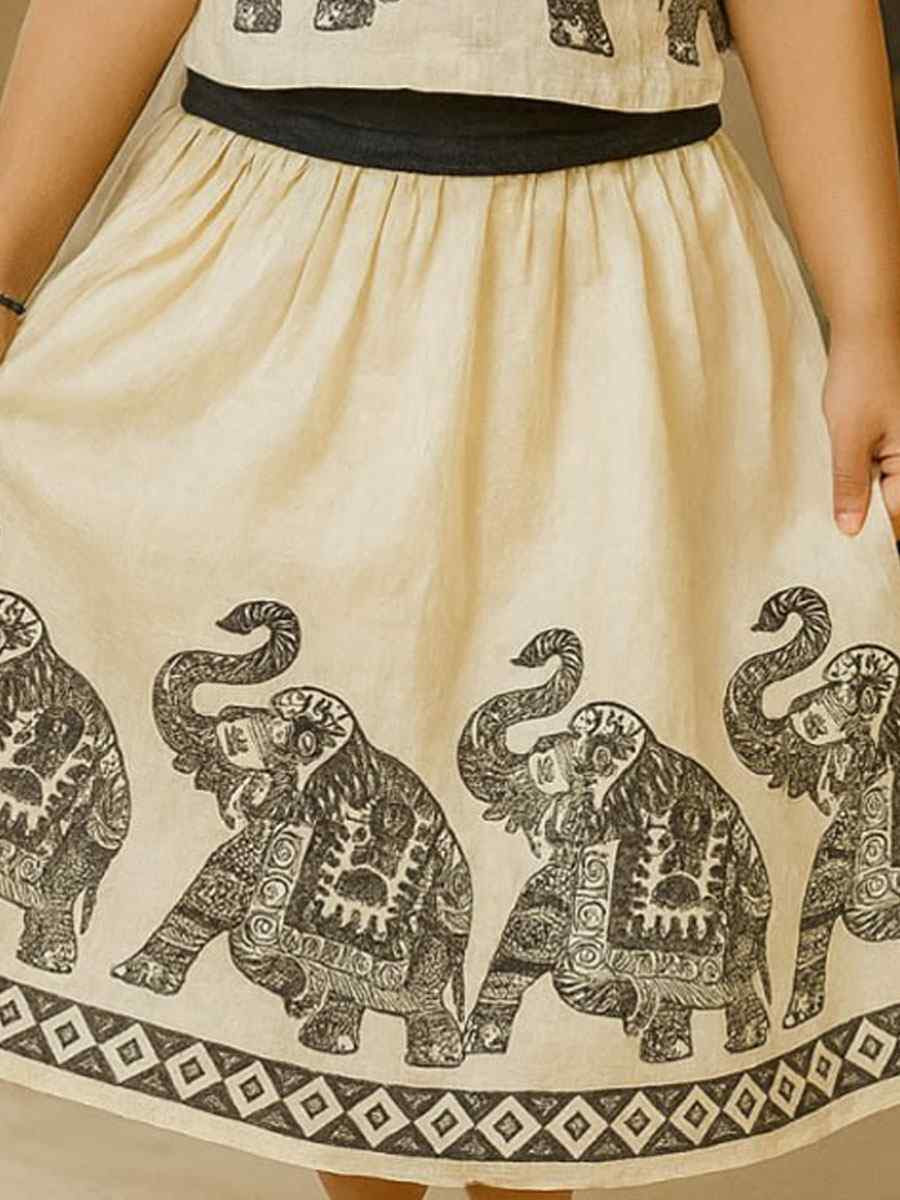 Off White Premium Linen Printed Kids Wear Wedding Festival Lehengas Girls Wear