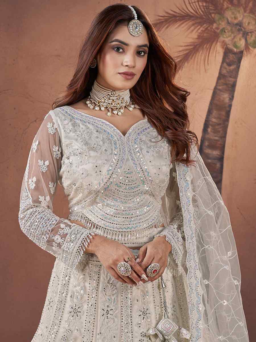 Off White Premium Net Embroidered Bridal Wedding Heavy Border Lehenga Choli