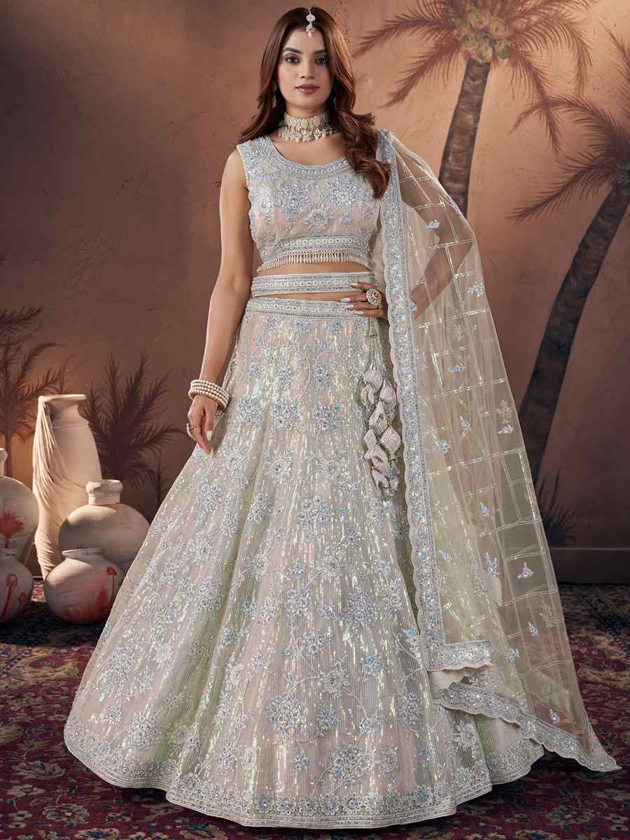 Off White Premium Net Embroidered Bridal Wedding Heavy Border Lehenga Choli