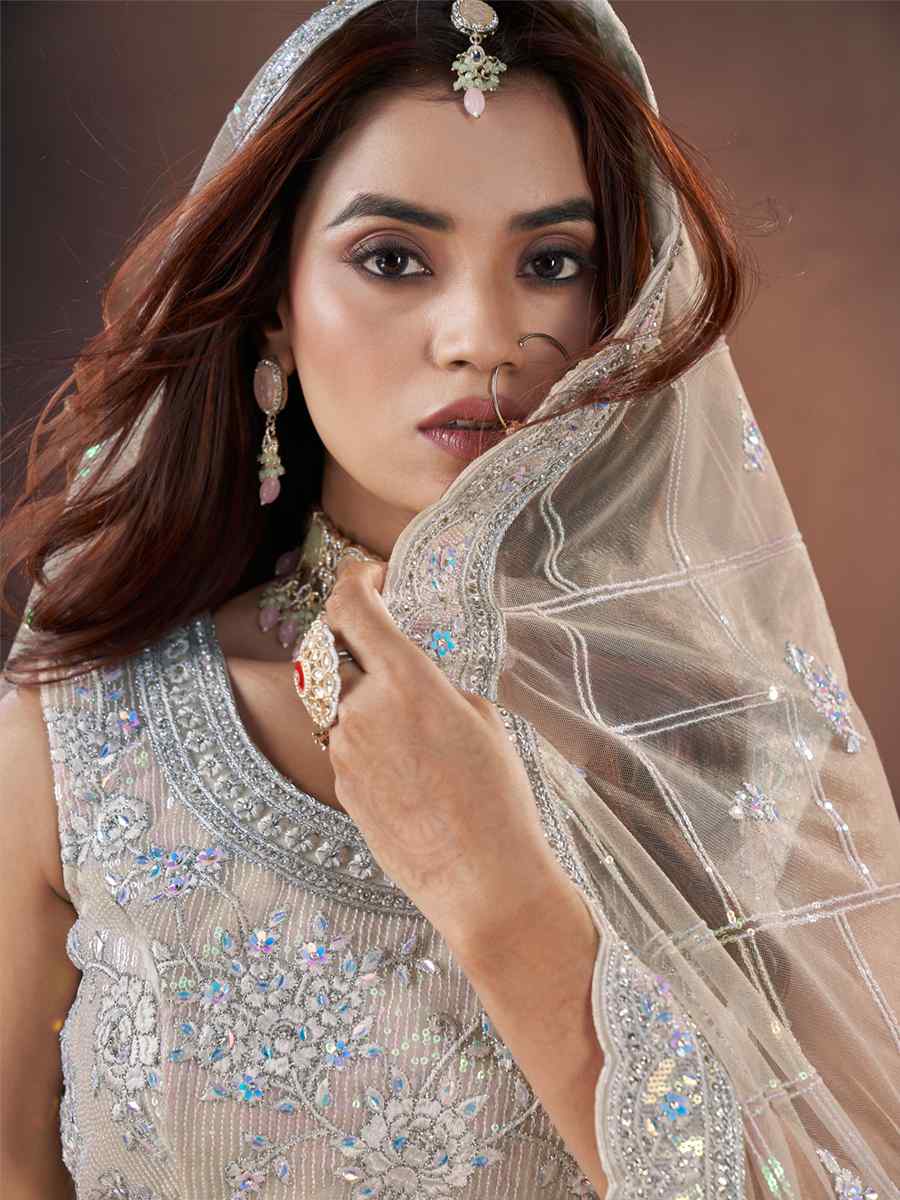 Off White Premium Net Embroidered Bridal Wedding Heavy Border Lehenga Choli