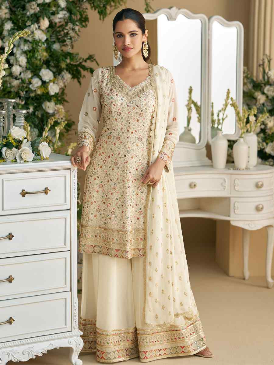 Off-White Premium Real Georgette Embroidered Festival Wedding Ready Sharara Pant Salwar Kameez