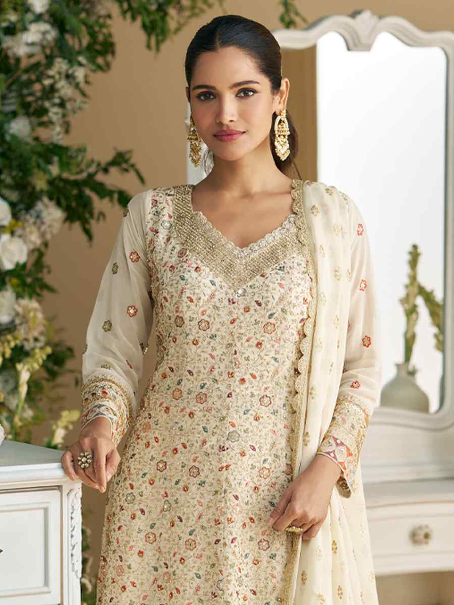 Off-White Premium Real Georgette Embroidered Festival Wedding Ready Sharara Pant Salwar Kameez