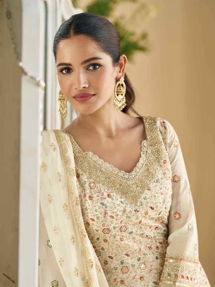 Off-White Premium Real Georgette Embroidered Festival Wedding Ready Sharara Pant Salwar Kameez
