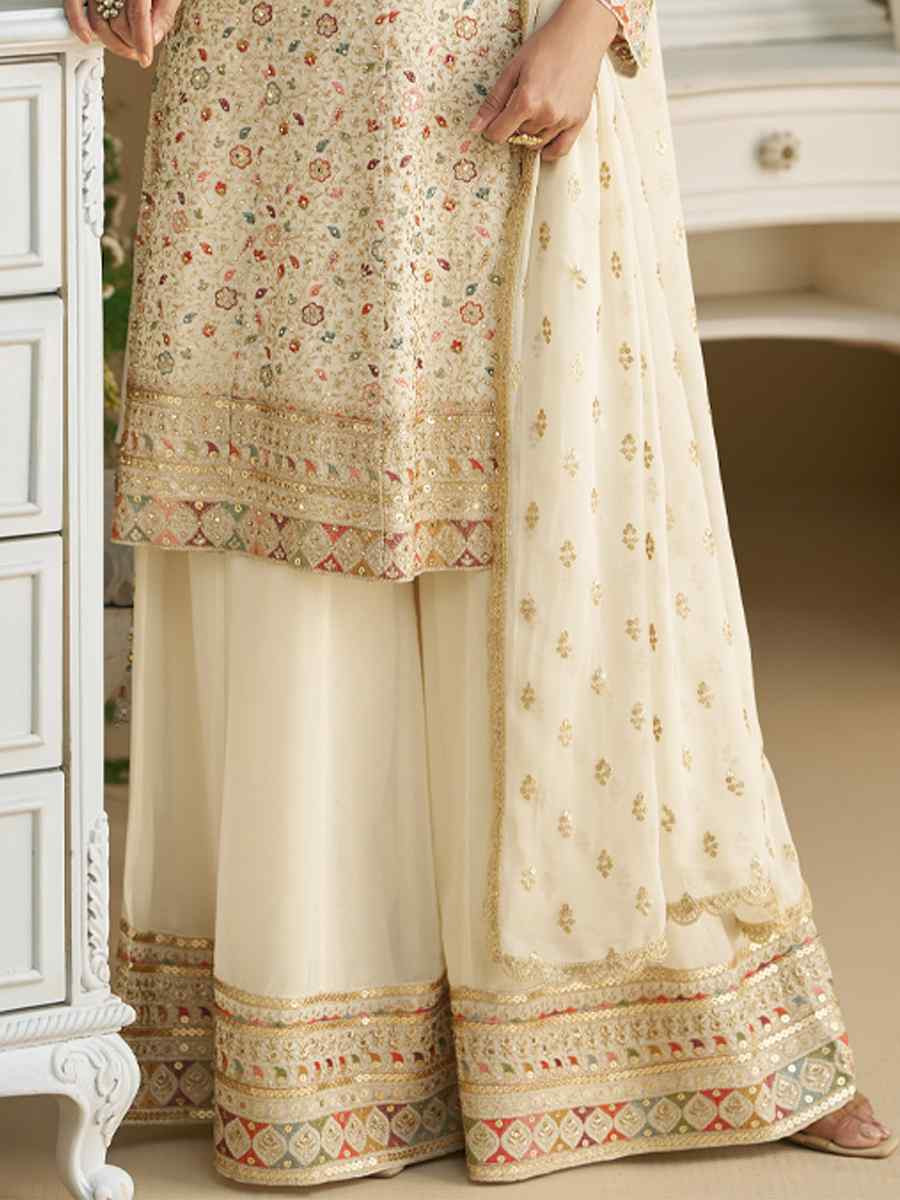 Off-White Premium Real Georgette Embroidered Festival Wedding Ready Sharara Pant Salwar Kameez