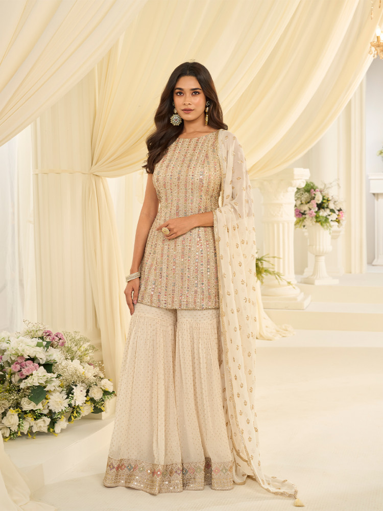 Image of Off White Premium Real Georgette Embroidery Sequins Zari Wedding Party Festival Ready Sharara Pant Salwar Kameez