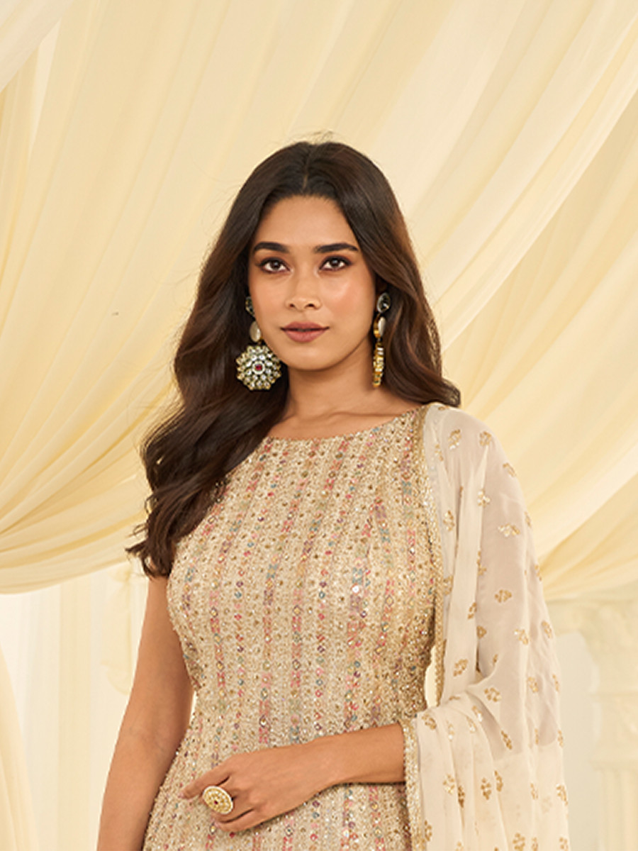 Off White Premium Real Georgette Embroidery Sequins Zari Wedding Party Festival Ready Sharara Pant Salwar Kameez