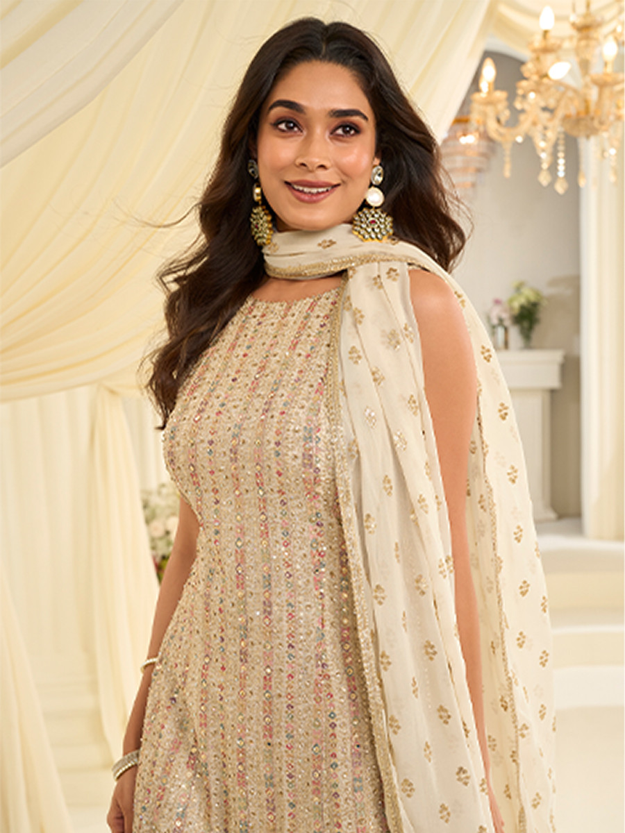 Off White Premium Real Georgette Embroidery Sequins Zari Wedding Party Festival Ready Sharara Pant Salwar Kameez