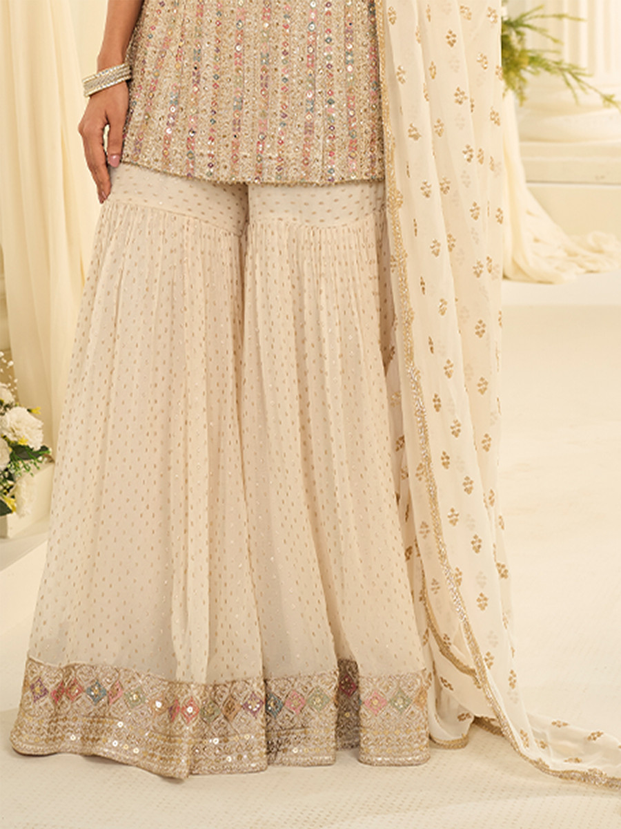 Off White Premium Real Georgette Embroidery Sequins Zari Wedding Party Festival Ready Sharara Pant Salwar Kameez