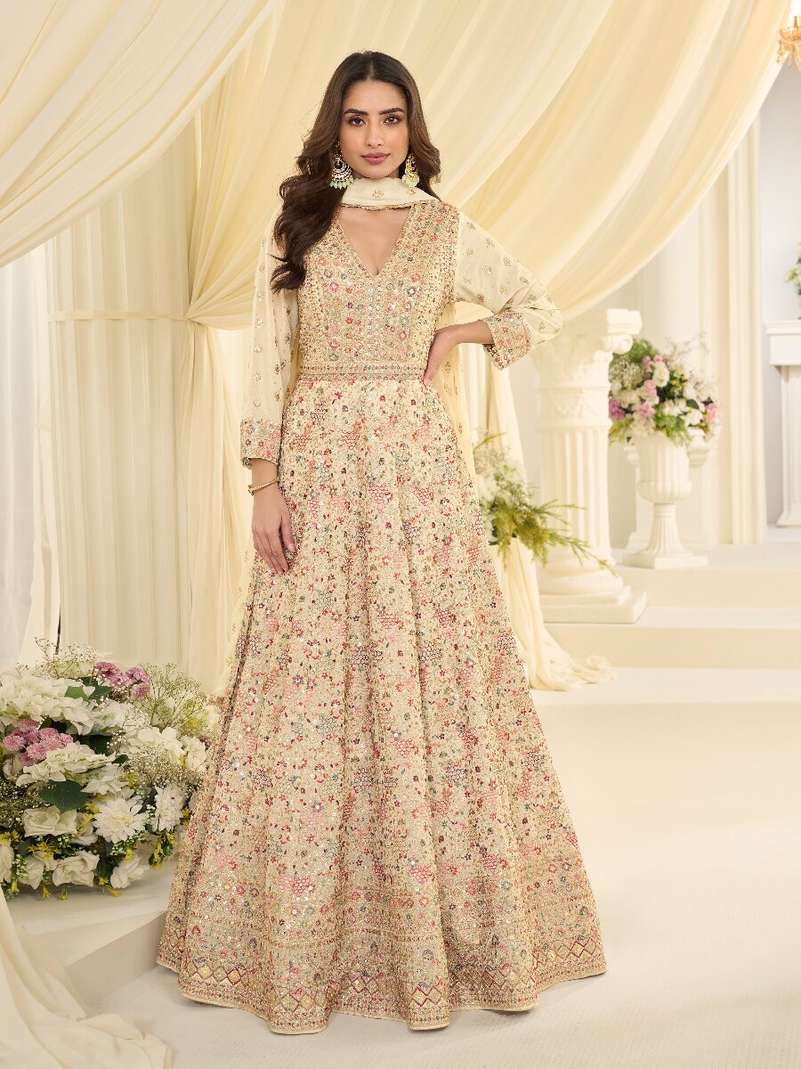 Off White Premium Real Georgette Embroidery Zari Sequins Wedding Festival Party Ready Anarkali Salwar Kameez