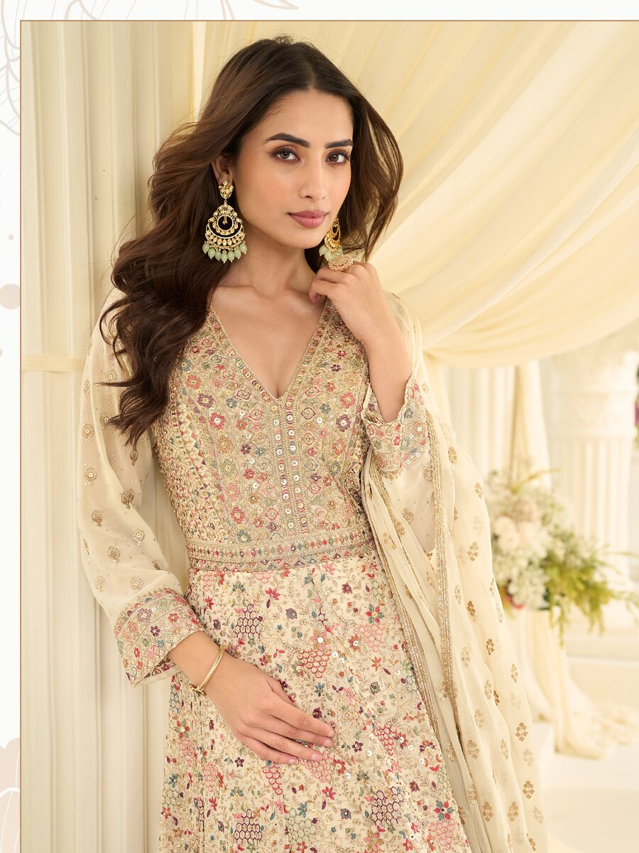 Off White Premium Real Georgette Embroidery Zari Sequins Wedding Festival Party Ready Anarkali Salwar Kameez