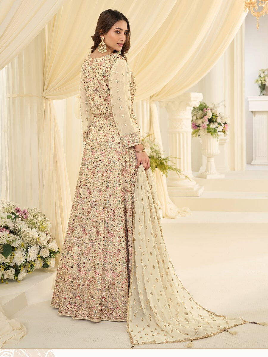 Off White Premium Real Georgette Embroidery Zari Sequins Wedding Festival Party Ready Anarkali Salwar Kameez